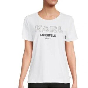 NWT KARL LAGERFELD Embellished LOGO White‎ Silver T-Shirt Style L4XHA070 SMALL